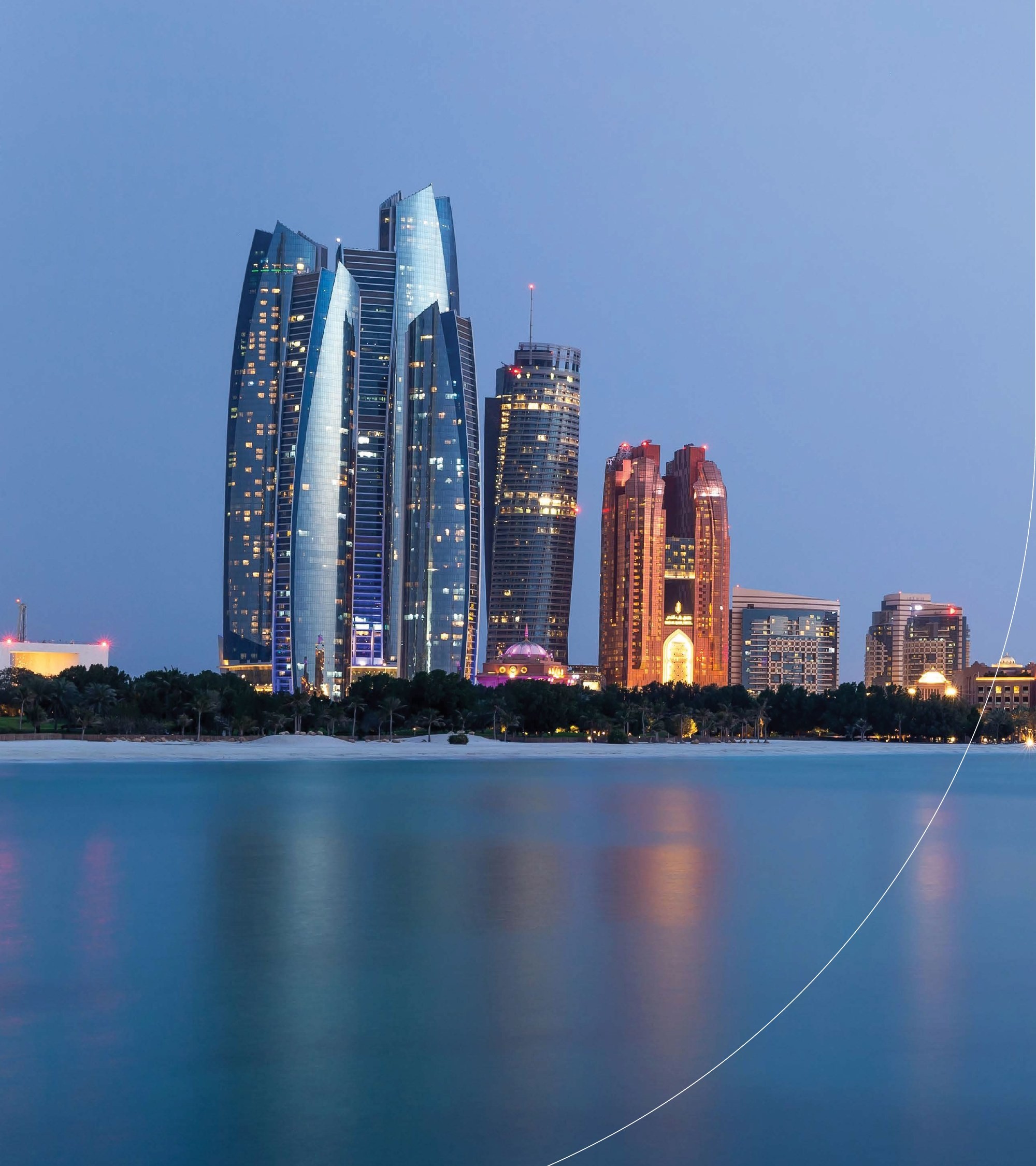 Abu Dhabi skyline at dusk — Etihad Towers and Emirates Palace waterfront, location of Sobha City Abu Dhabi